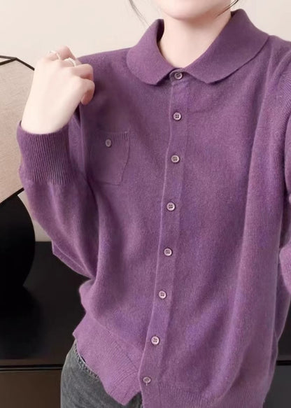 Handmade White Peter Pan Collar Pockets Cotton Knitted Cardigans Fall Qp009