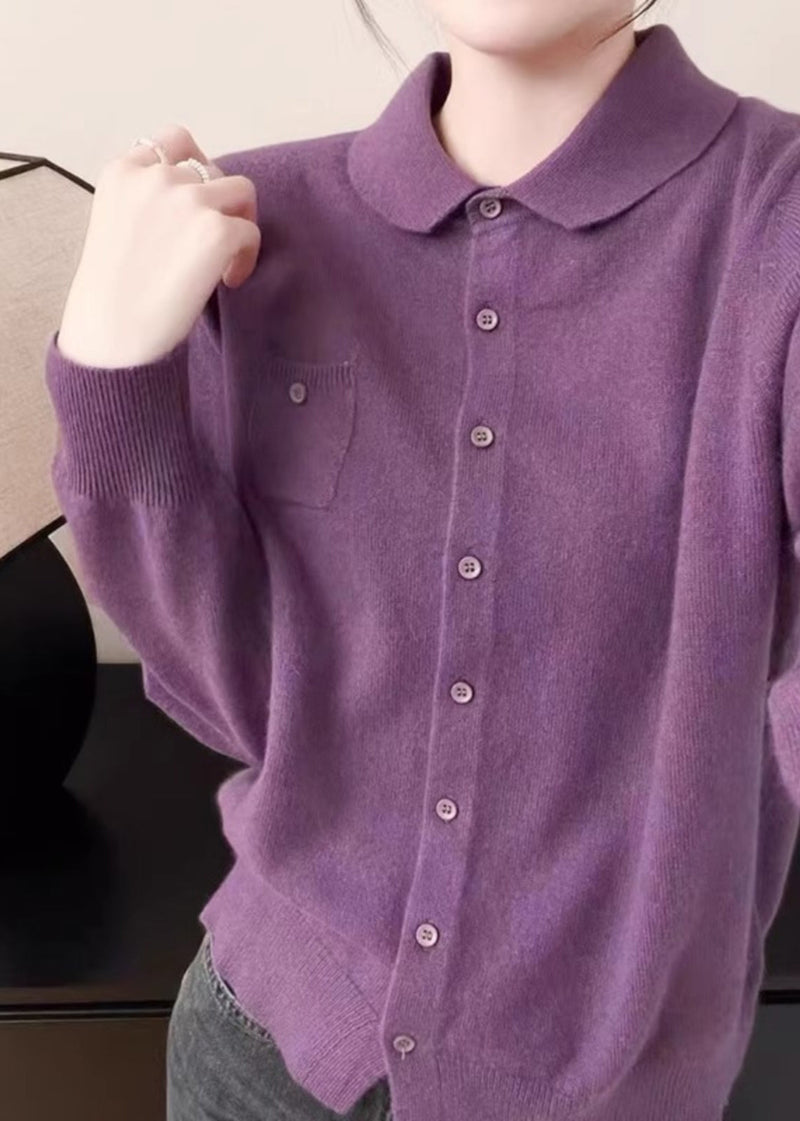 Handmade White Peter Pan Collar Pockets Cotton Knitted Cardigans Fall Qp009
