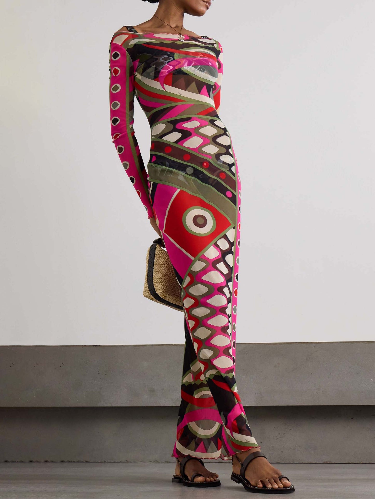 Retro Personality Abstract Print Hip-wrapped Maxi Dress