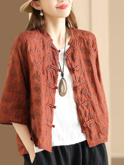 Flower Jacquard Button-up Ramie Blouse Sc1023