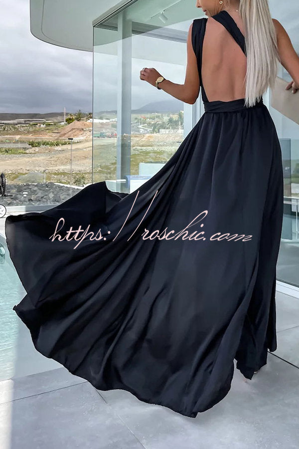 Different Effects Satin Free Tie Neck Slit Maxi Dress