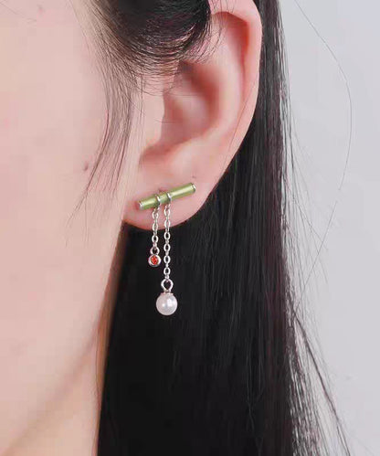 Fine Green Sterling Silver Inlaid Bamboo Leaf Pearl Water Drop Tassel Drop Earrings