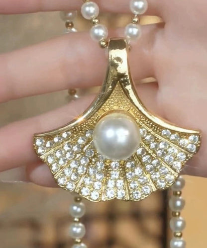 Classy Gold Alloy Zircon Pearl Maple Leaves Pendant Necklace