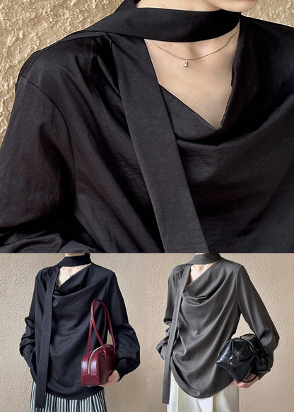 French Grey Button Bow Cotton Blouses Fall Af1058