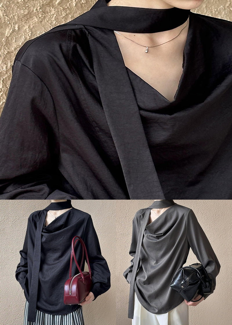 French Grey Button Bow Cotton Blouses Fall Af1058