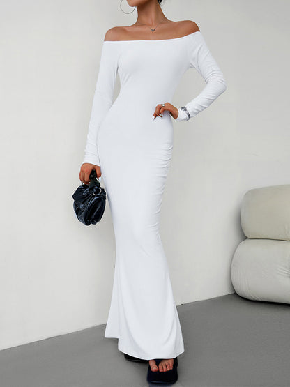 Bodycon Long Sleeves See-through Color Off-the-shoulder Maxi Dresses