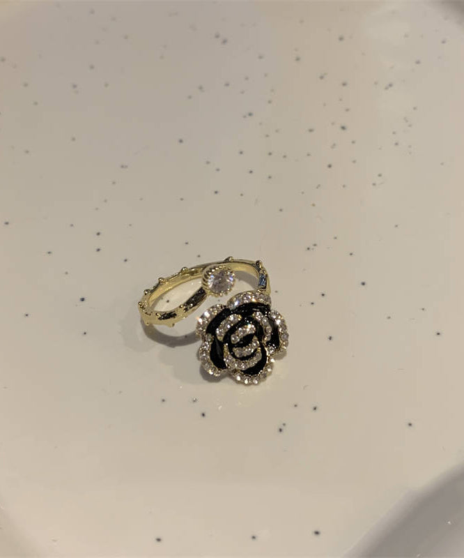 Black Copper Overgild Zircon Camellia Rings