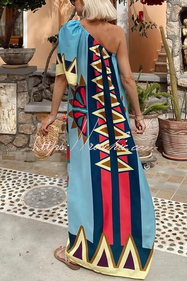 Color Boost Unique Print One Shoulder Bell Sleeve Pocketed Maxi Dress