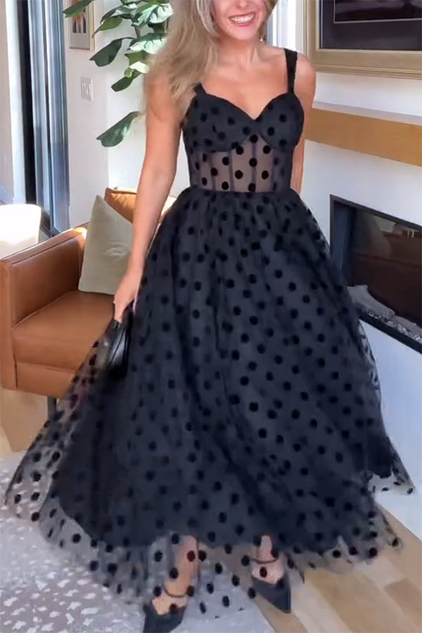 Perfect Guest Tulle Polka Dot Sweetheart Bustier A-line Midi Dress