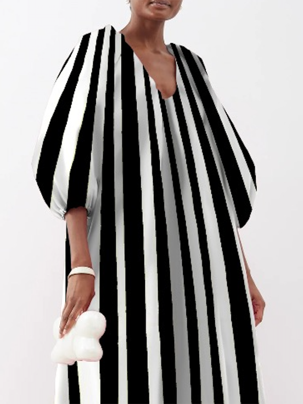 Puff Sleeves Three-quarter Sleeves Striped V-neck Maxi Dresses