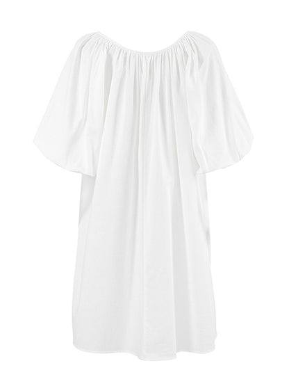 Loose Puff Sleeves Lace-up Pleated See-through Color V-neck Mini Dresses Sleep Dress