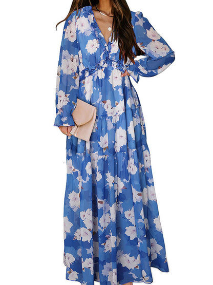 High Waisted Long Sleeves Flower Print Pleated Ruffled V-neck Maxi Dresses