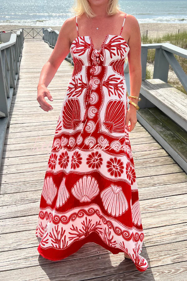 Shell Unique Print Front Lace-up Loose Maxi Dress