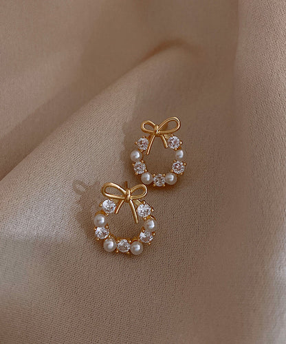 Gold Copper Alloy Pearl Bow Stud Earrings