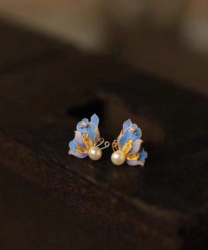 Blue Sterling Silver Overgild Pearl Butterfly Hollow Out Stud Earrings