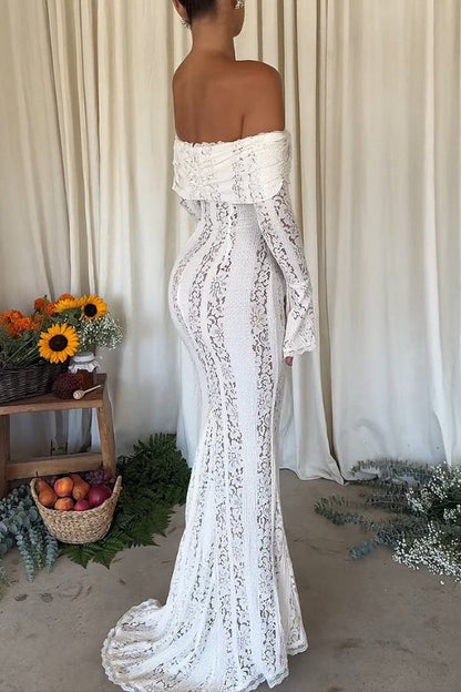 Lace Off Shoulder Flare Sleeve Fishtail Maxi Dresses-white