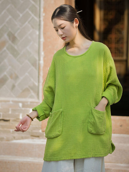 Autumn O-neck Cotton Blouse Av1021