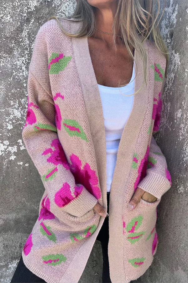 Apricot Powder Print Pocketed Open Front Cardigan