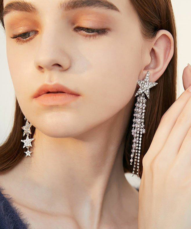 New Silk Asymmetric Zircon Pearl Tassels Silver Plated Drop Earrings