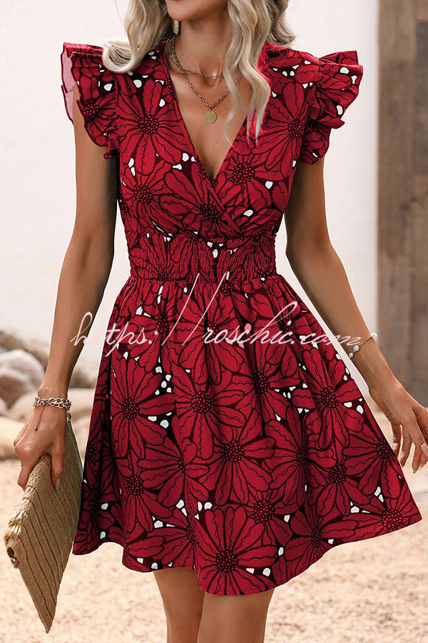 Wonderful Weekend Print Ruffle Sleeve Elastic Waist Mini Dress