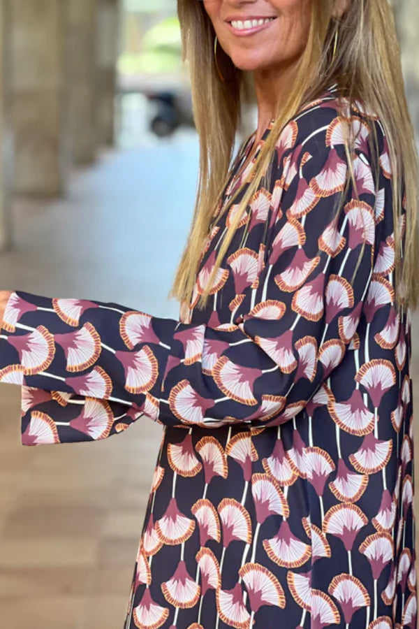 Printed V Neck Long Sleeve Maxi Dress