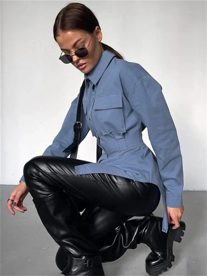 Lapel Patchwork Shirts for Slim Long Sleeve Pocket High Waist Autumn Cardigan Shirts
