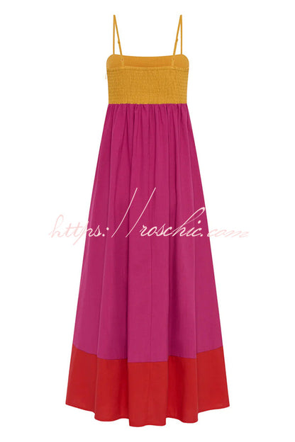 Splicing Sling Back Pleated Holiday Style Midi Dress