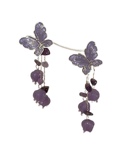 Purple Alloy Ringflower Butterfly Tassel Drop Earrings
