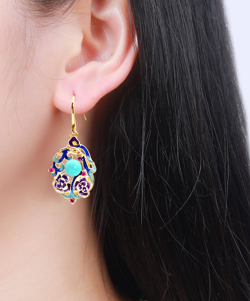 Light Green Sterling Silver Overgild Cloisonne Turquoise Drop Earrings