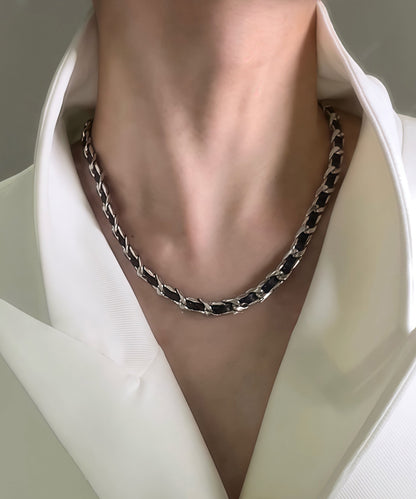 Black Leather Strap Adjustable Tungsten Steel Choker