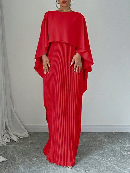 Cape High-low Pleated Color Split-joint Round-neck Evening Dresses Maxi Dresses
