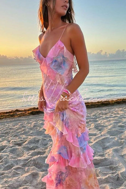 Multicolor Tie-dye Backless Wave-hem Strap Maxi Dress