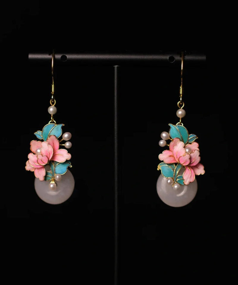 Pink Sterling Silver Overgild Enamel Ping Buckle Pearl Drop Earrings
