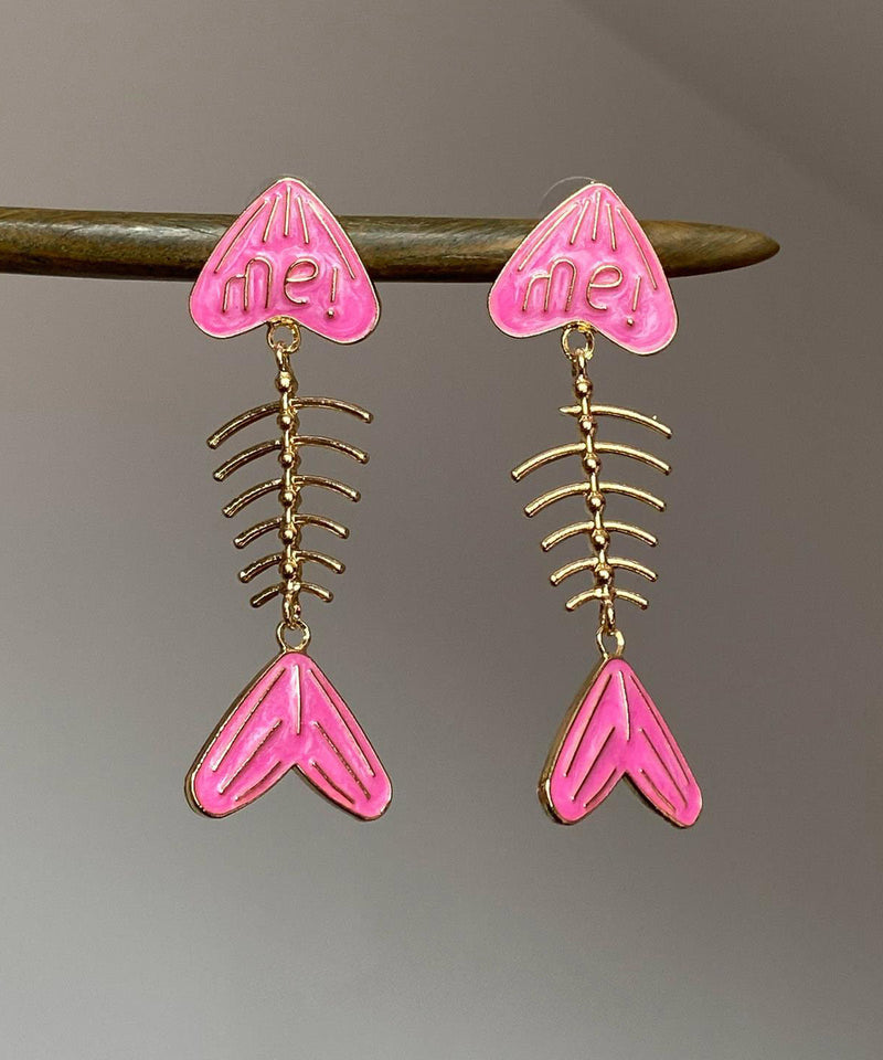 Unique Pink Alloy Drip Glaze Fish Bone Stud Earrings
