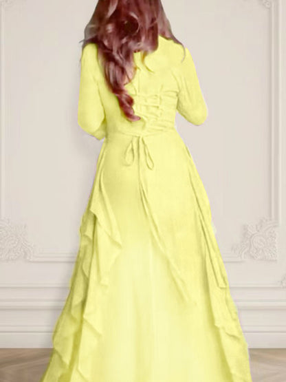 Long Sleeves Loose Falbala Color Round-neck Maxi Dresses