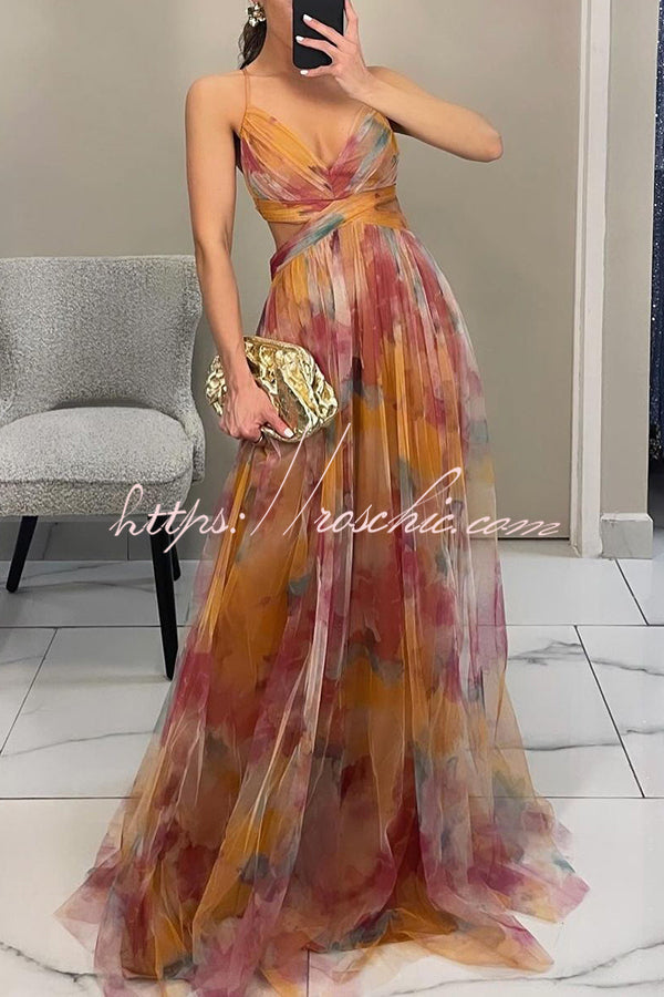 Giselle Tulle Render Print Cutout Waist Back Lace-up Maxi Dress
