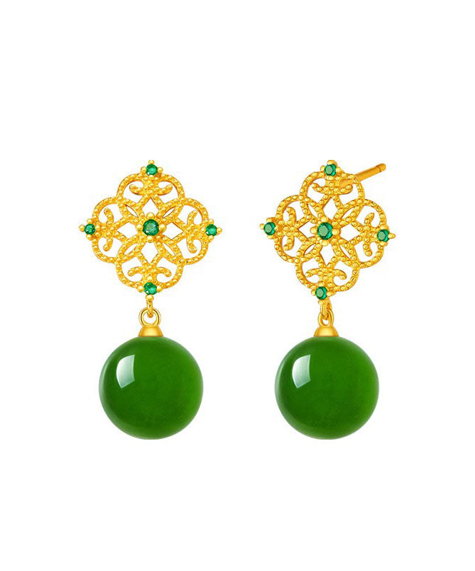 Tea Green Sterling Silver Overgild Zircon Jade Drop Earrings