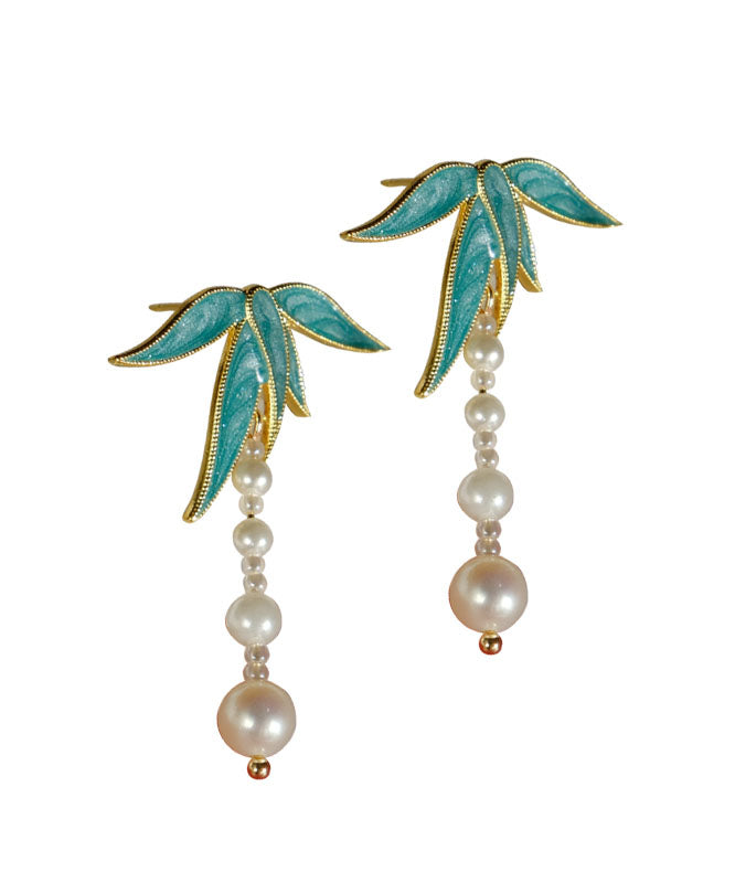 Blue Alloy Pearl Drip Glaze Bamboo Leaf Tassel Drop Earrings