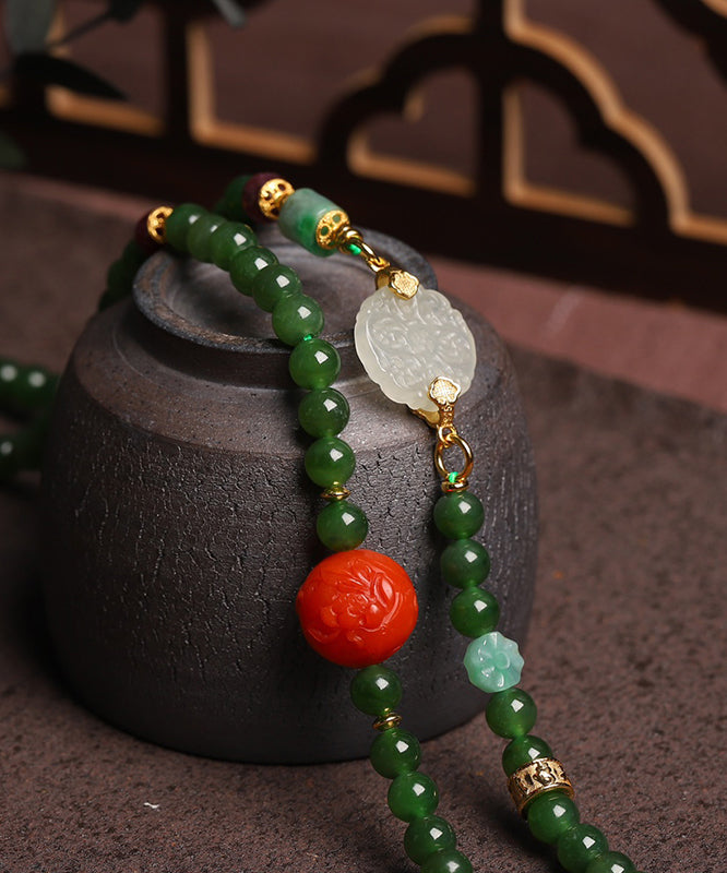 Green Sterling Silver Overgild Agate Jade Ping Buckle Pendant Necklace