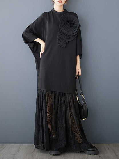 Long Sleeves Loose Color Split-joint Three-dimensional Flower Mock Neck Maxi Dresses