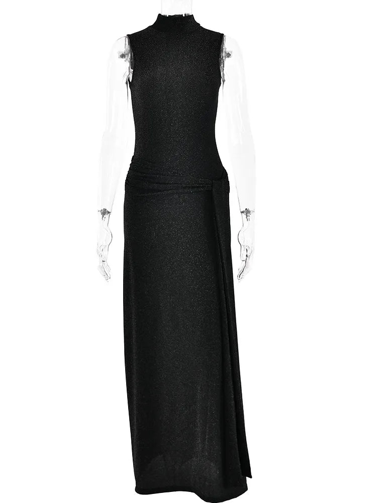 Shiny ’s Long Dress Slim Fit Party Evening Woman Dress Female Pleated Ribbon Sleeveless Vesidos Autumn