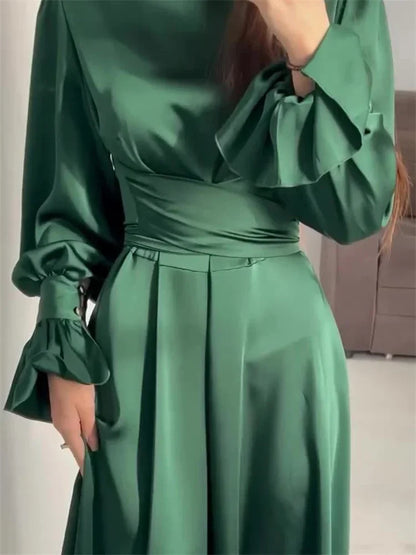 Ruffled Bandage Maxi Dress for Patchwork Slim Lace-up Evening Partywear Long Dress