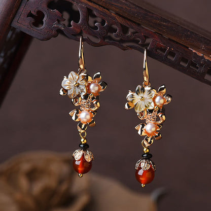 Buddha Stones 14k Gold Plated Tridacna Stone Flower Pearl Green Aventurine Bead Drop Earrings