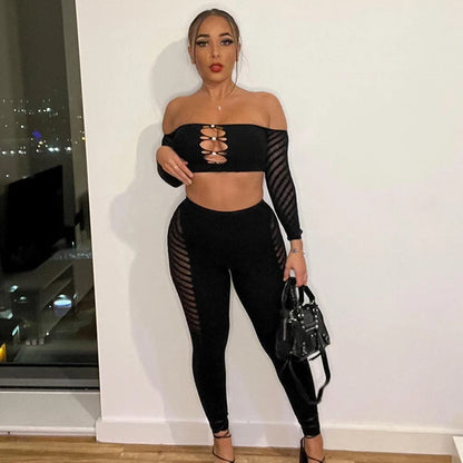 Autumn Mesh See-through Hollow Sheering Diamonds Button Wrapped Chest Long Sleeves Blouse Skinny Pencil Trousers