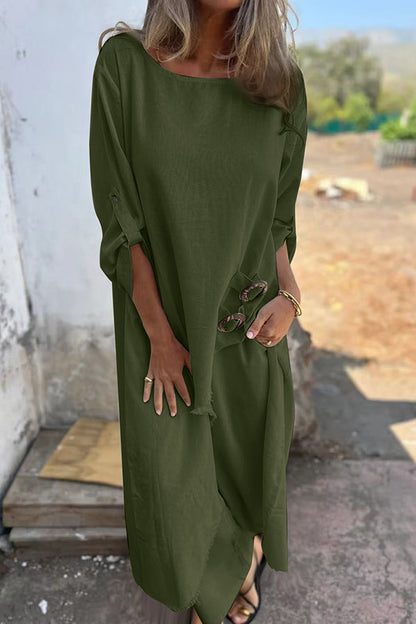 Jamilah Linen Blend Ring Detail Midi Blouse and Elastic Waist Pocketed Loose Pants Set