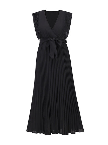 Loose Sleeveless Pleated Color Split-joint Tied Waist V-neck Maxi Dresses