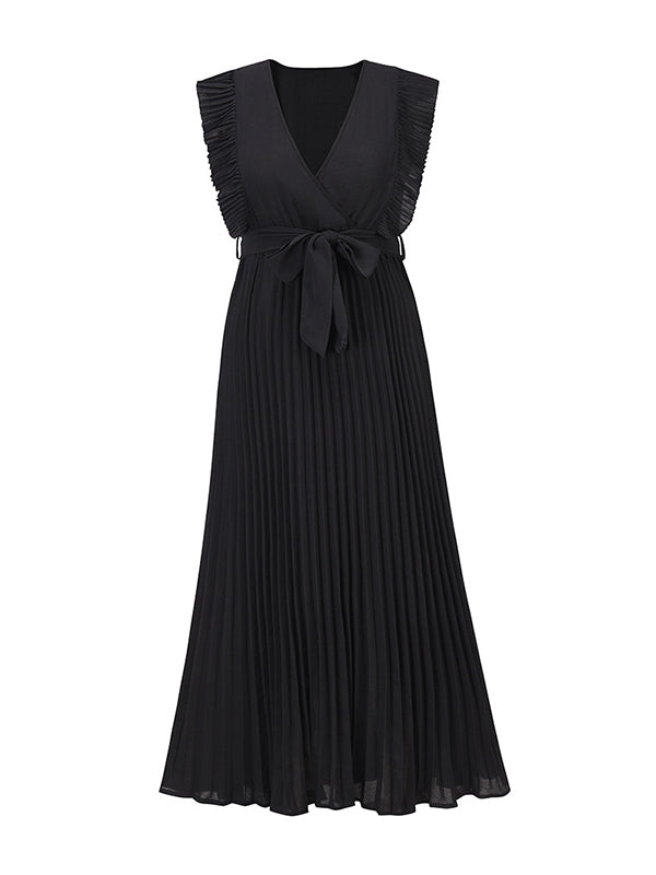 Loose Sleeveless Pleated Color Split-joint Tied Waist V-neck Maxi Dresses