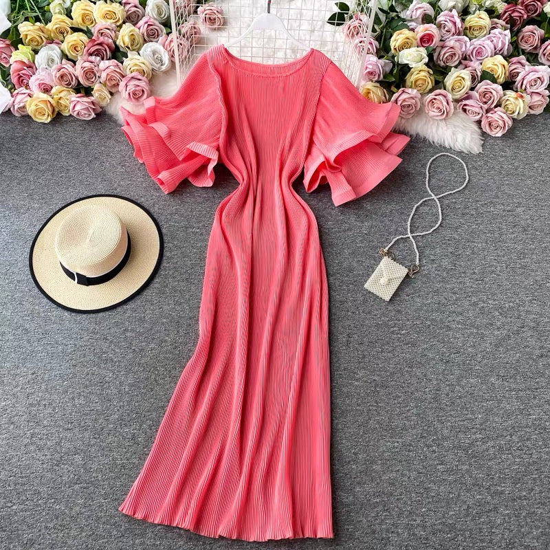 Round Neck Purple Ruffled Sleeve Maxi Dress