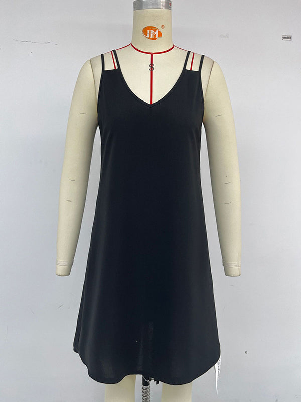 A-line High Waisted Hollow Color V-neck Mini Dresses