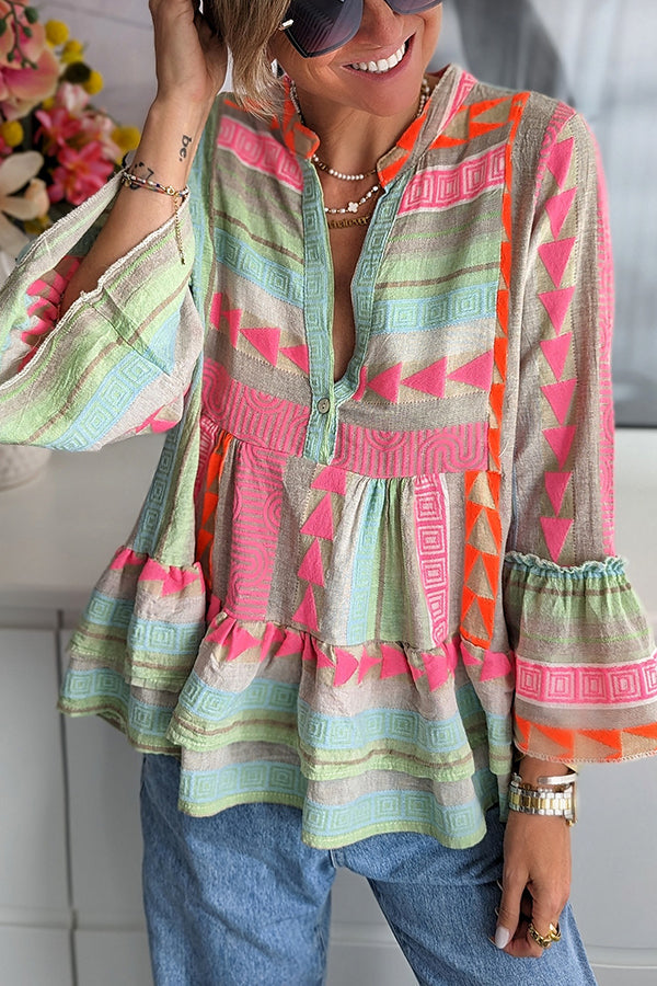 Phylis Linen Blend Colorful Print Bell Sleeve Babydoll Blouse